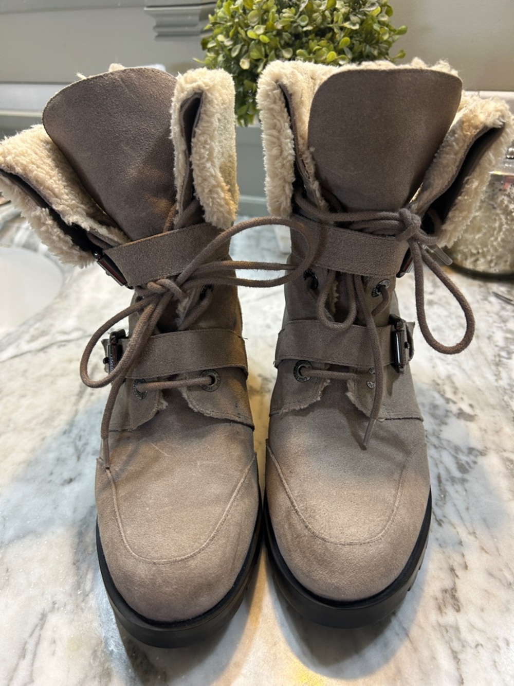 Karl Lagerfeld Taupe Suede Lace-Up Shearling Ankle Boots